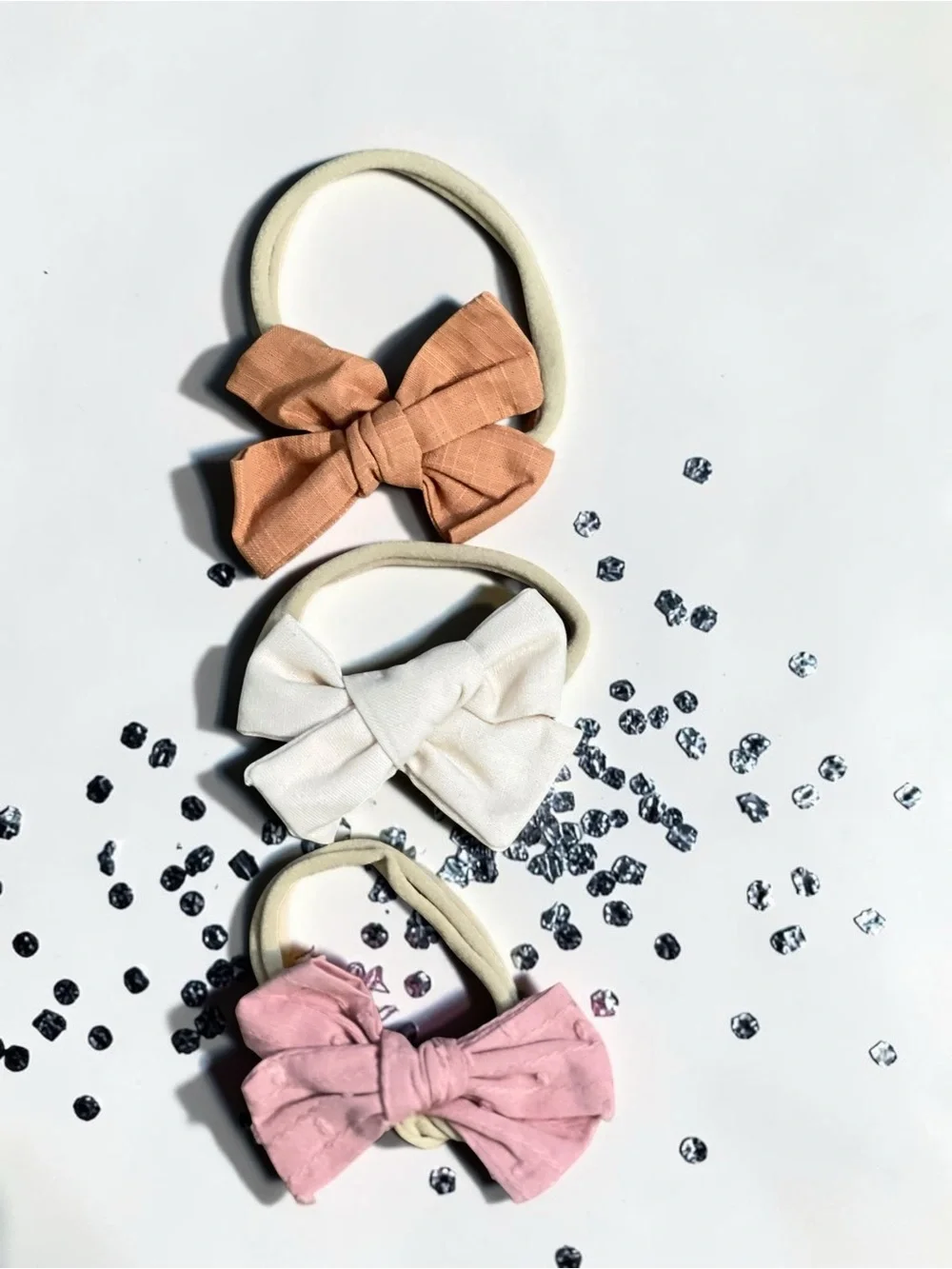 Handmade Baby Hair Bows Set of 3 | Stretchy Nylon Headbands | Soft Linen Texture